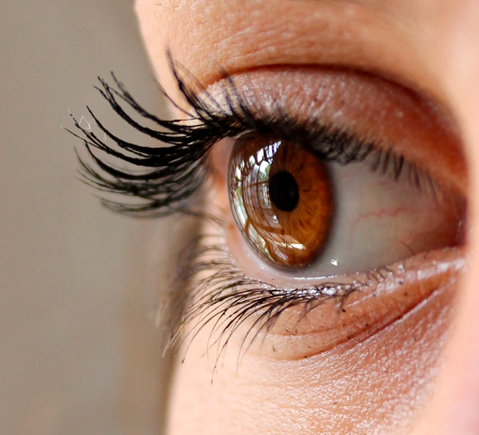 close up on eyeball facing the left with long eyelashes