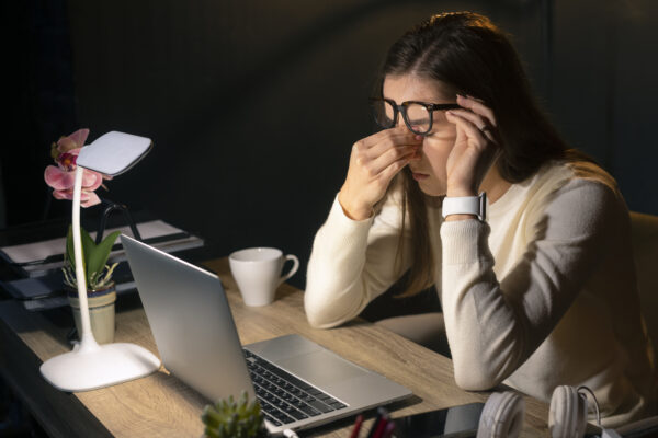 Woman with eye strain from looking at computer
